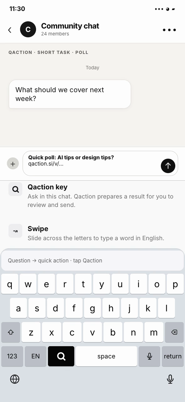 IM concept demo: Qaction creates a topic poll and inserts its link in the chat draft